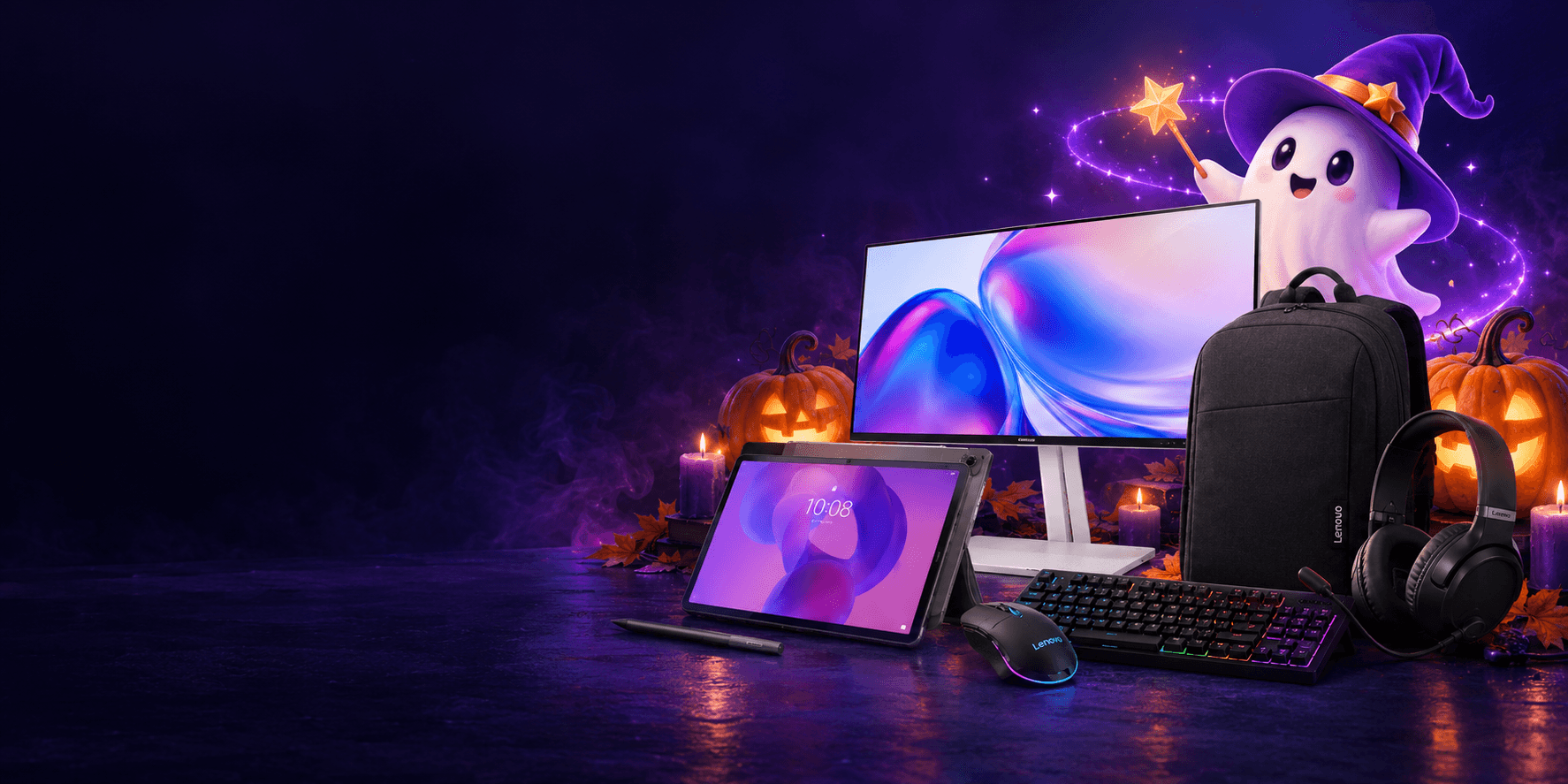 Halloweenský duch a ceny Lenovo: monitor, tablet, klávesnice, myš, sluchátka a batoh