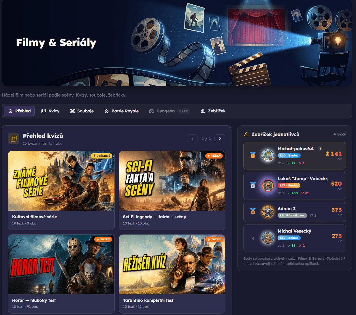Ukázka EduDuel hubu Filmy a seriály s kvízy, souboji a žebříčkem