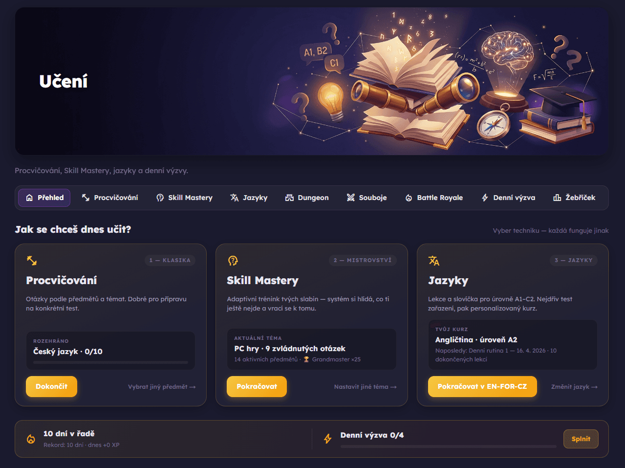Ukázka EduDuel učení hubu s procvičováním, Skill Mastery, jazyky a denními výzvami